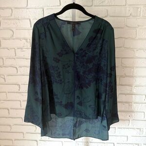 BCBG Max Azria Green Sheer Floral V Neck Blouse XS